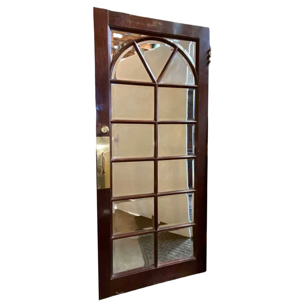 Vintage Solid Mahogany, Beveled Mirror, Brass Interior Single French Door