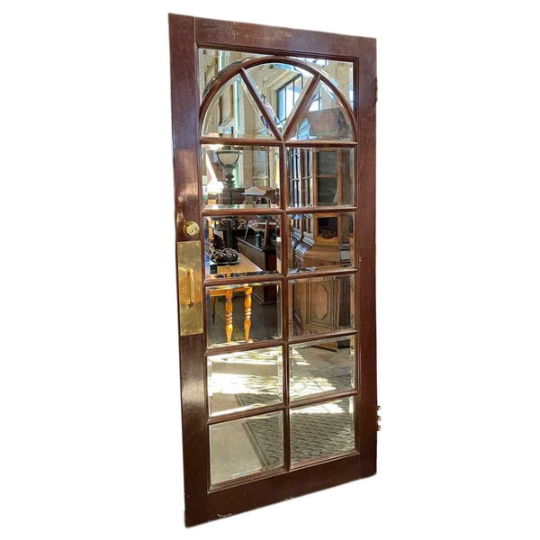 Vintage Solid Mahogany, Beveled Mirror, Brass Interior Single French Door