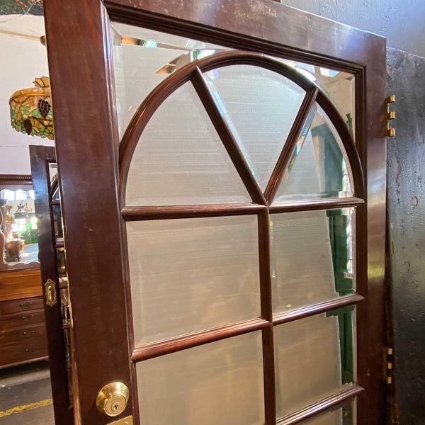 Vintage Solid Mahogany, Beveled Mirror, Brass Interior Single French Door