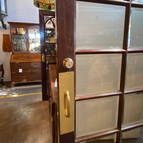 Vintage Solid Mahogany, Beveled Mirror, Brass Interior Single French Door