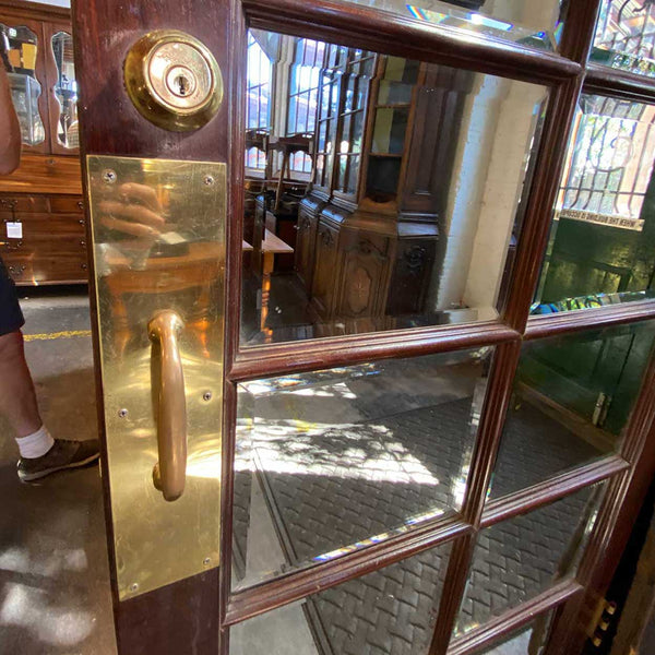Vintage Solid Mahogany, Beveled Mirror, Brass Interior Single French Door