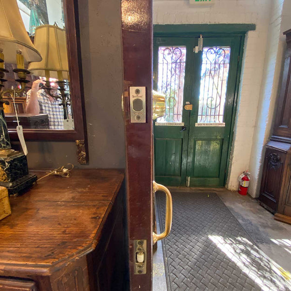 Vintage Solid Mahogany, Beveled Mirror, Brass Interior Single French Door