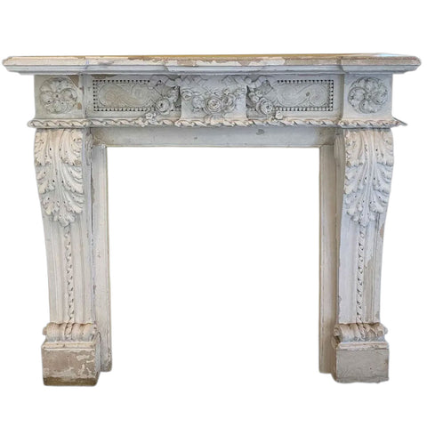 Small French Louis XVI White Washed Limestone Fireplace Surround