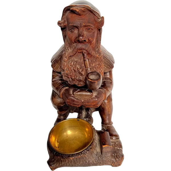 European Black Forest Walnut and Brass Gnome Musical Tobacco Box