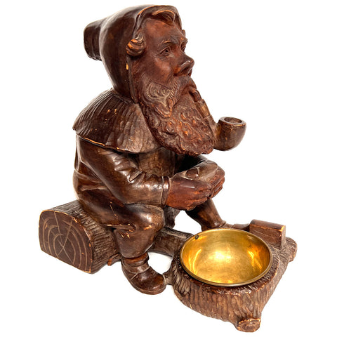 European Black Forest Walnut and Brass Gnome Musical Tobacco Box