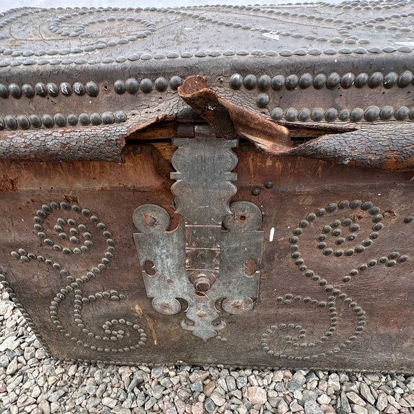 Portuguese Baroque Leather Brass Studded Iron Mounted Dome-Top Coffer Trunk