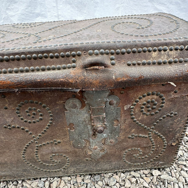 Portuguese Baroque Leather Brass Studded Iron Mounted Dome-Top Coffer Trunk