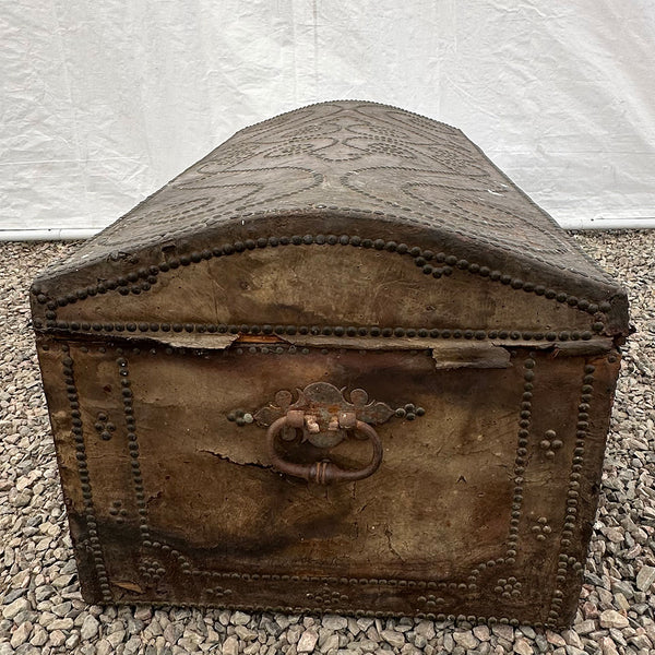 Portuguese Baroque Leather Brass Studded Iron Mounted Dome-Top Coffer Trunk