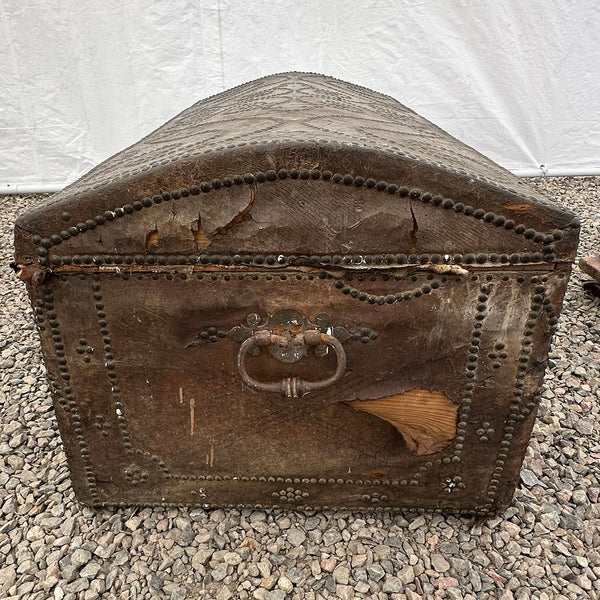 Portuguese Baroque Leather Brass Studded Iron Mounted Dome-Top Coffer Trunk