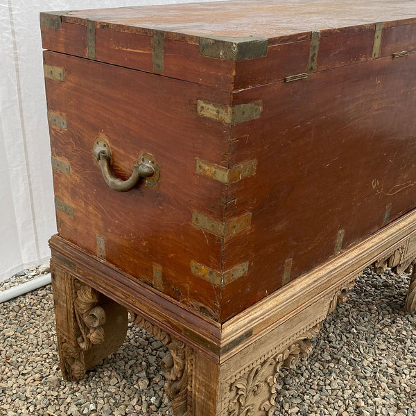 Large Anglo Indian Brass Mounted Mahogany Trunk on Stand