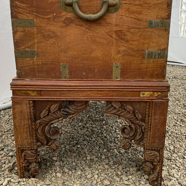 Large Anglo Indian Brass Mounted Mahogany Trunk on Stand