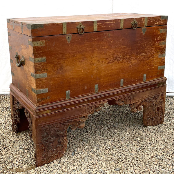 Large Anglo Indian Brass Mounted Mahogany Trunk on Stand