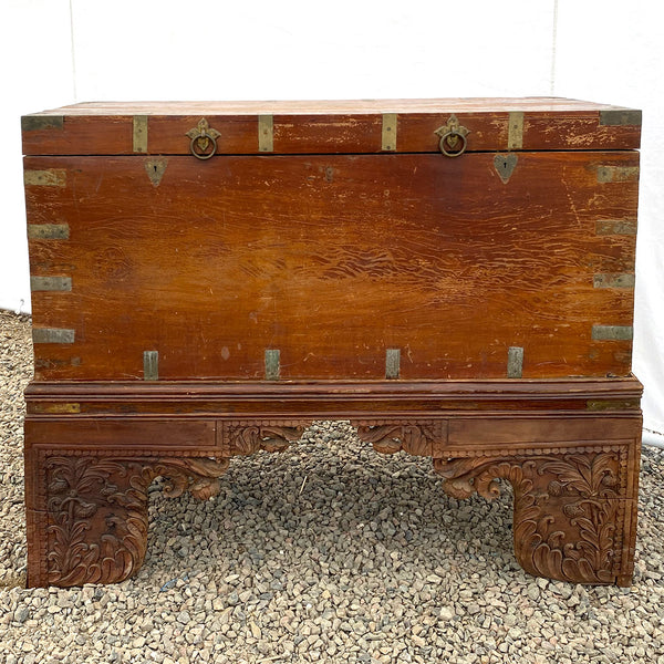 Large Anglo Indian Brass Mounted Mahogany Trunk on Stand