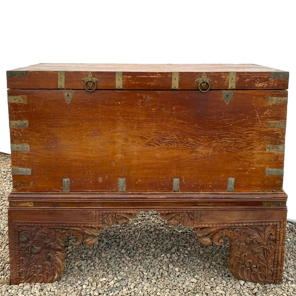 Large Anglo Indian Brass Mounted Mahogany Trunk on Stand