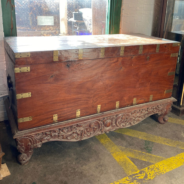 Large Anglo Indian Solid Mahogany Campaign Blanket Chest on Stand