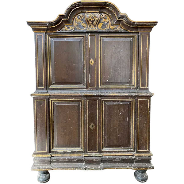 Danish Baroque Painted, Parcel Gilt Pine Two-Part Cabinet