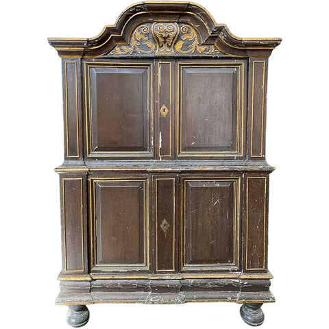 Danish Baroque Painted, Parcel Gilt Pine Two-Part Cabinet