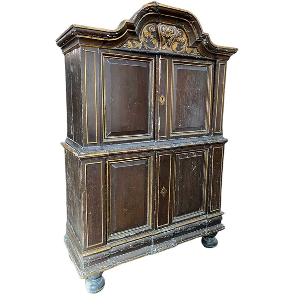 Danish Baroque Painted, Parcel Gilt Pine Two-Part Cabinet