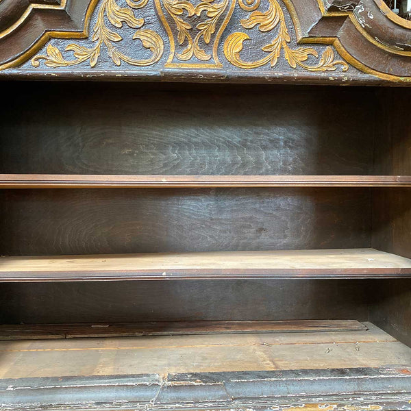 Danish Baroque Painted, Parcel Gilt Pine Two-Part Cabinet