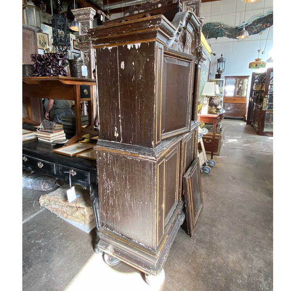 Danish Baroque Painted, Parcel Gilt Pine Two-Part Cabinet