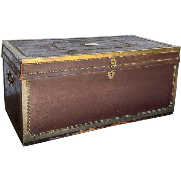 English George III Brass Tack and Leather Mounted Camphor Wood Travel Trunk