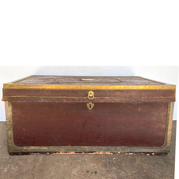 English George III Brass Tack and Leather Mounted Camphor Wood Travel Trunk