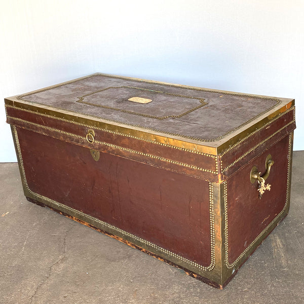 English George III Brass Tack and Leather Mounted Camphor Wood Travel Trunk