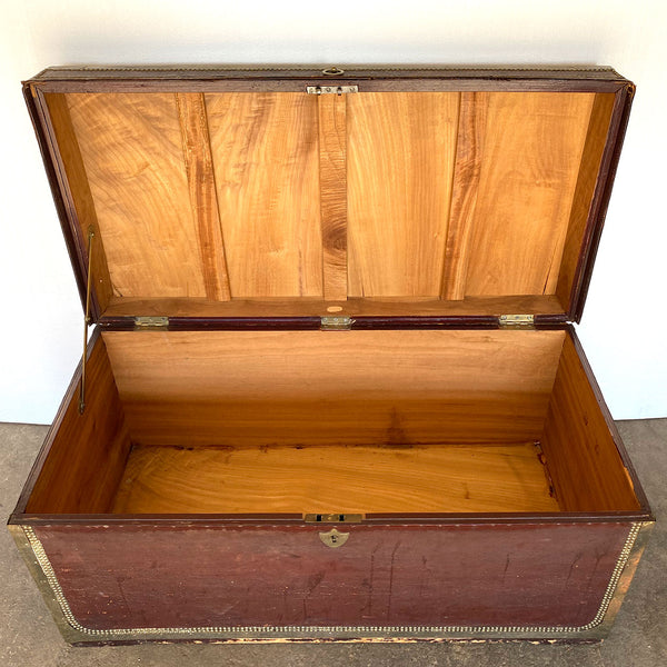 English George III Brass Tack and Leather Mounted Camphor Wood Travel Trunk