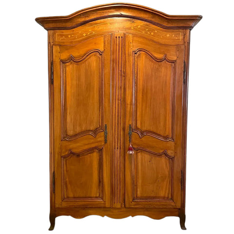 French Provincial Louis XV-XVI Transitional Inlaid Cherry Armoire