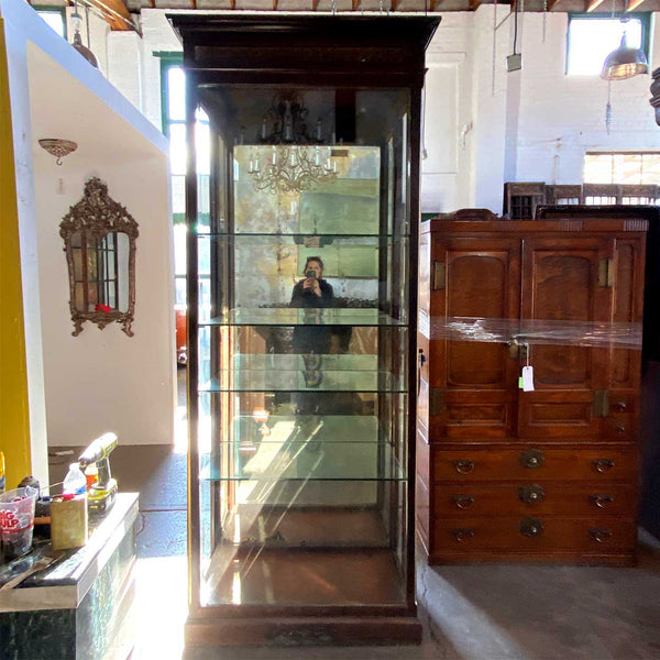 Anglo Indian Teak, Mirrored and Beveled Glass Tall 40-inch Palace Display Cabinet