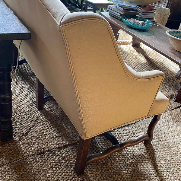 French Louis XIII Walnut Linen Upholstered Oak Settee (Canape)