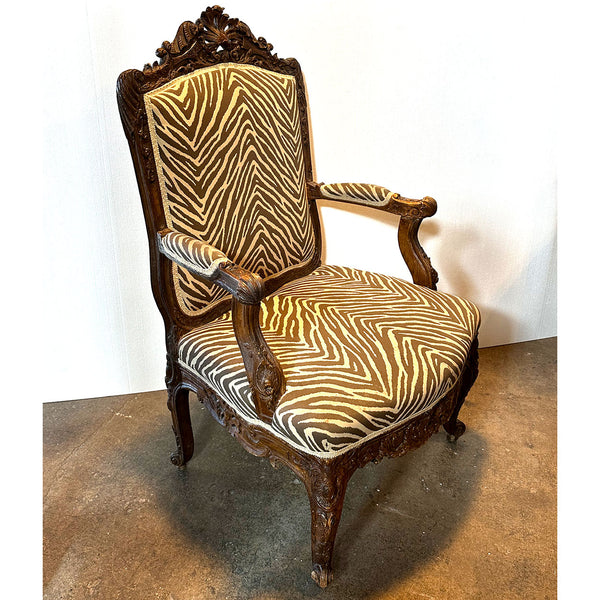 French Louis XV Oak Upholstered Open Armchair (Fauteuil)