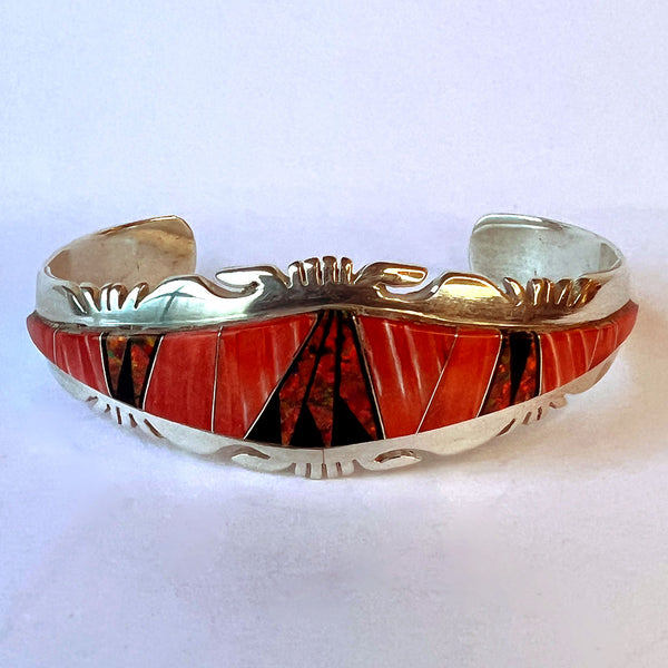 Native American Navajo Patrick & Laura Lincoln Sterling Silver, Spiny Oyster & Opal Bracelet