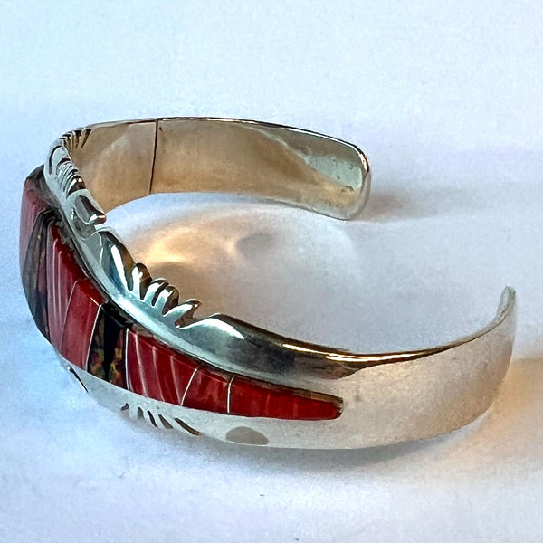 Native American Navajo Patrick & Laura Lincoln Sterling Silver, Spiny Oyster & Opal Bracelet