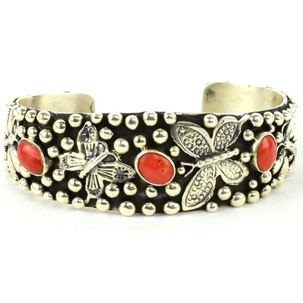Native American Lorenzo James Navajo Sterling Silver and Coral Butterfly Cuff Bracelet