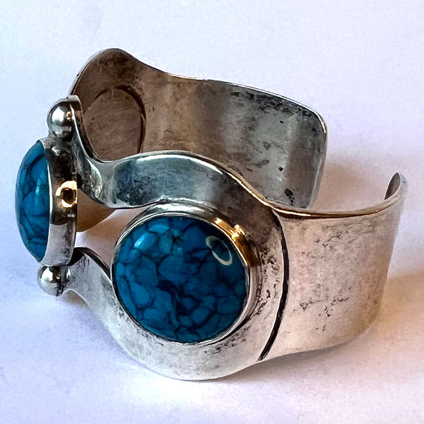 Mexican Taxco Sterling Silver and Howlite Triple-Stone Cuff Bracelet