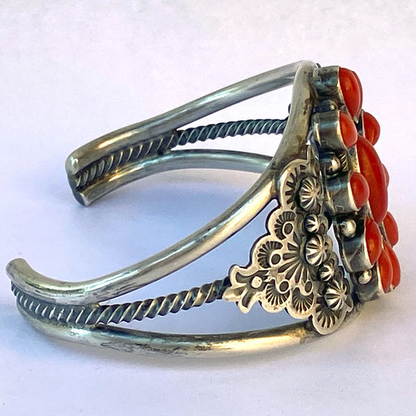 Native American Bennie Ramone Navajo Sterling Silver and Coral Cuff Bracelet