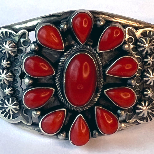 Native American Bennie Ramone Navajo Sterling Silver and Coral Cuff Bracelet