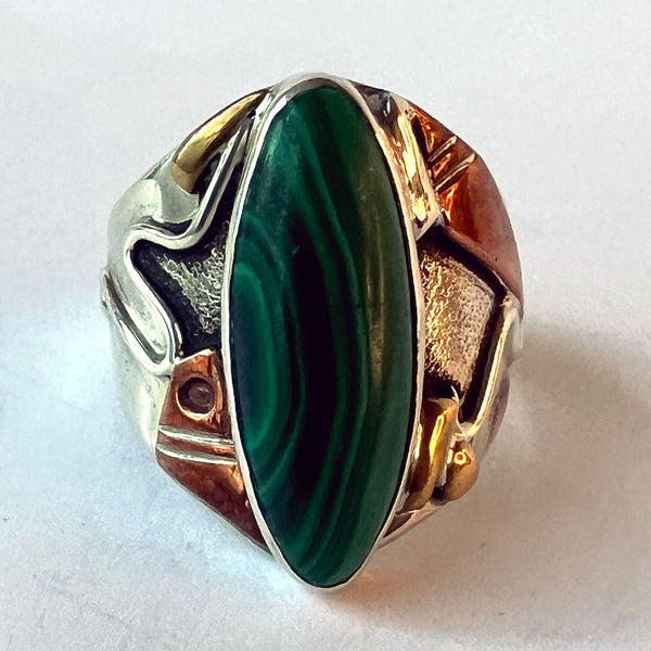 Vintage Signed Native American Sterling Silver, Gold, Copper and Malachite Ring