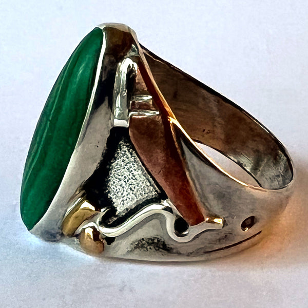 Vintage Signed Native American Sterling Silver, Gold, Copper and Malachite Ring