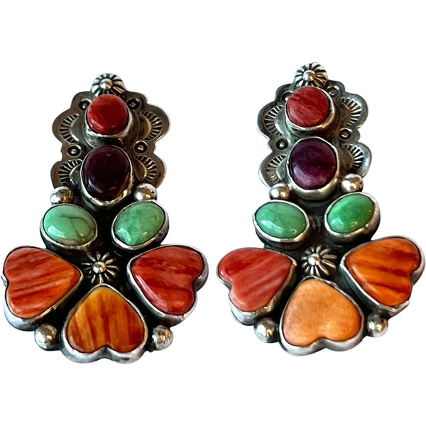 Pair Native American Frank & Brihilda Coriz Sterling Silver Multi-Stone Clip-On Earrings