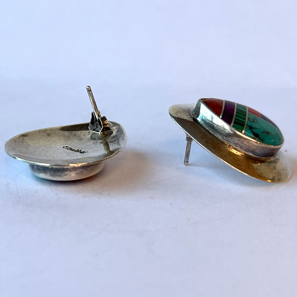 Pair Vintage Native American Zuni Sterling Silver Multi-Stone Inlaid Earrings