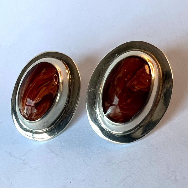 Pair of Vintage Mexican Sterling Silver and Red Stone Clip-on Earrings