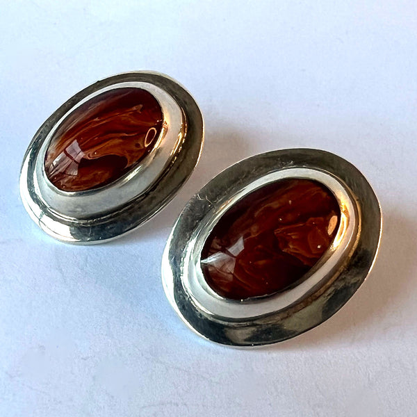 Pair of Vintage Mexican Sterling Silver and Red Stone Clip-on Earrings