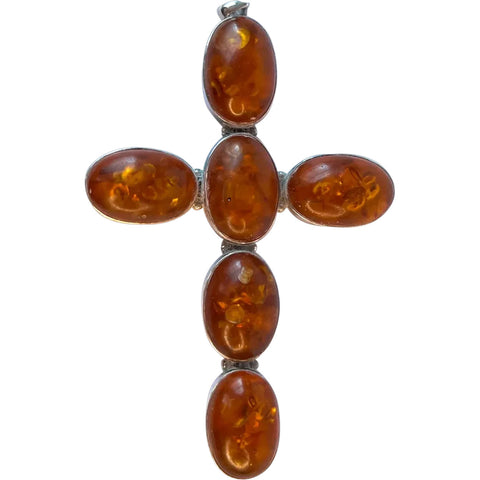 Large Vintage Sterling Silver and Baltic Amber Six-Stone Cross Necklace Pendant