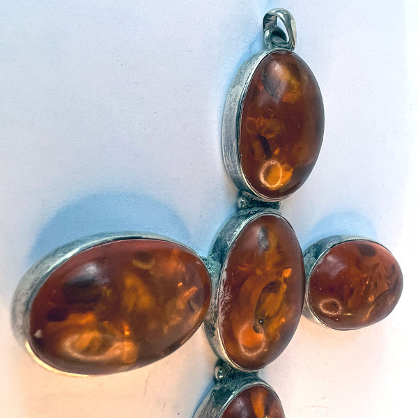 Large Vintage Sterling Silver and Baltic Amber Six-Stone Cross Necklace Pendant