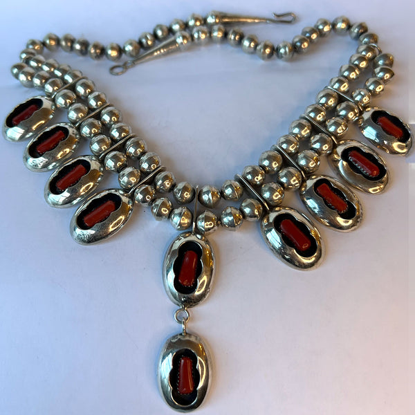 Native American Leon F. Kirlie Sterling Silver and Coral Squash Blossom Necklace