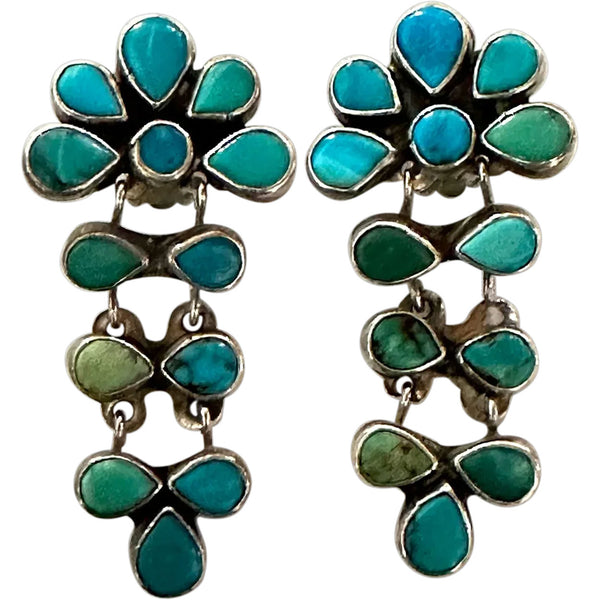 Pair Native American OSCAR BETZ PATASI Sterling Silver, Turquoise Dangle Earrings