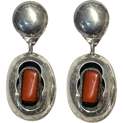 Pair Vintage Native American Sterling Silver Coral Shadow Box Dangle Earrings