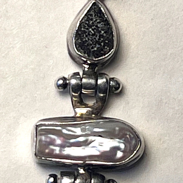 Native American NANCY CUSTER Druzy Quartz, Freshwater Pearl, Onyx Necklace Pendant